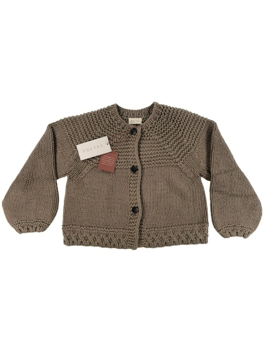 Poetry Hand-Knitted Cardigan Organic Cotton Taupe Chunky Knit Button-Up Size 4